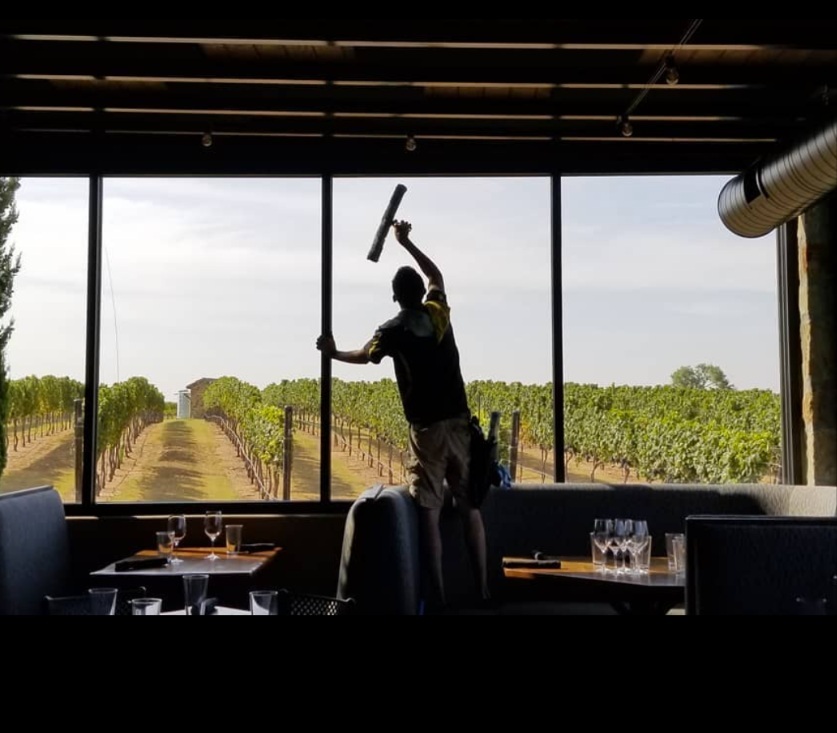 No Spot Tech technician squeegeeing tall tasting-room glass overlooking a Hill Country vineyard